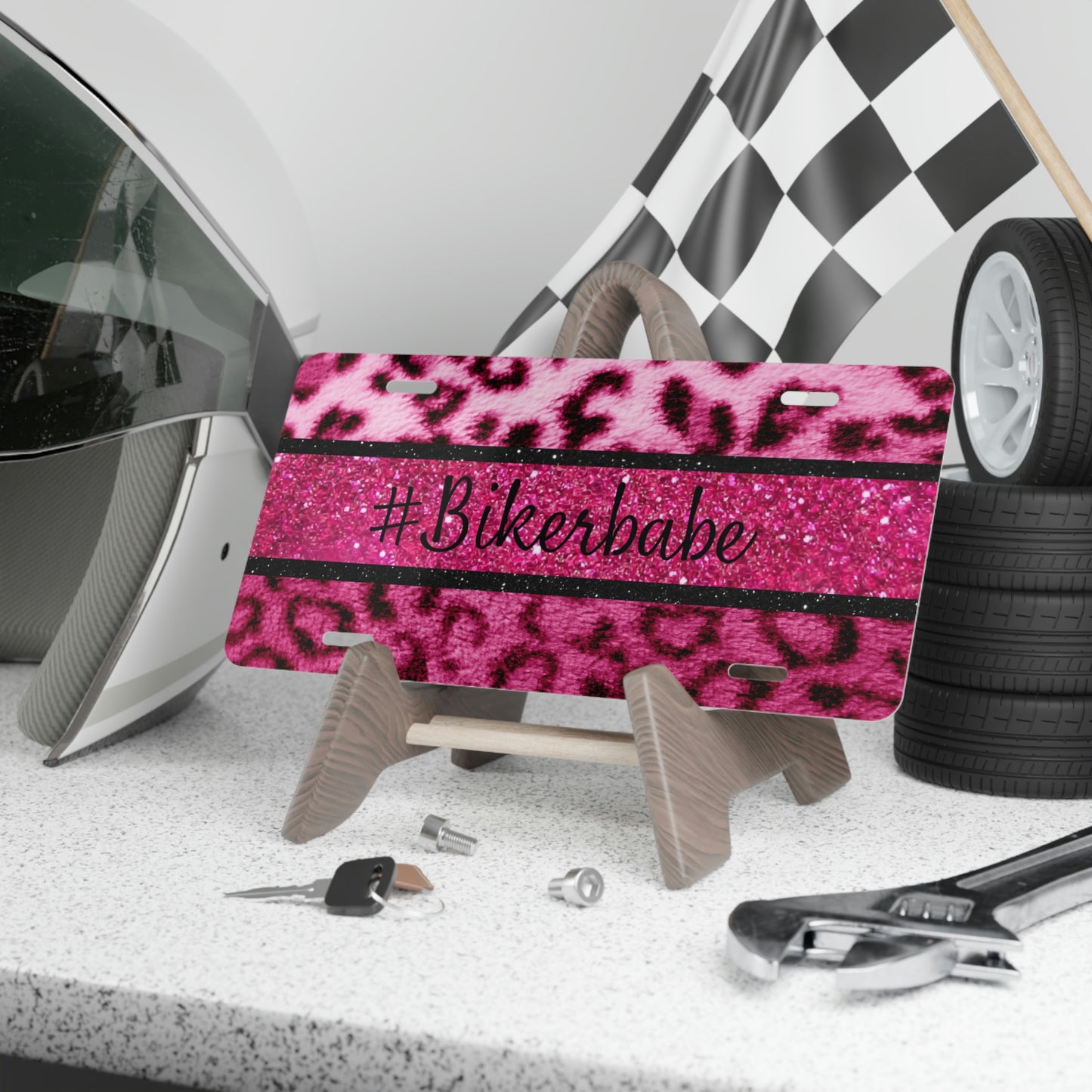 Biker Babe Pink Leopard Vanity Plate